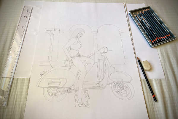 Frau auf Vespa skitse